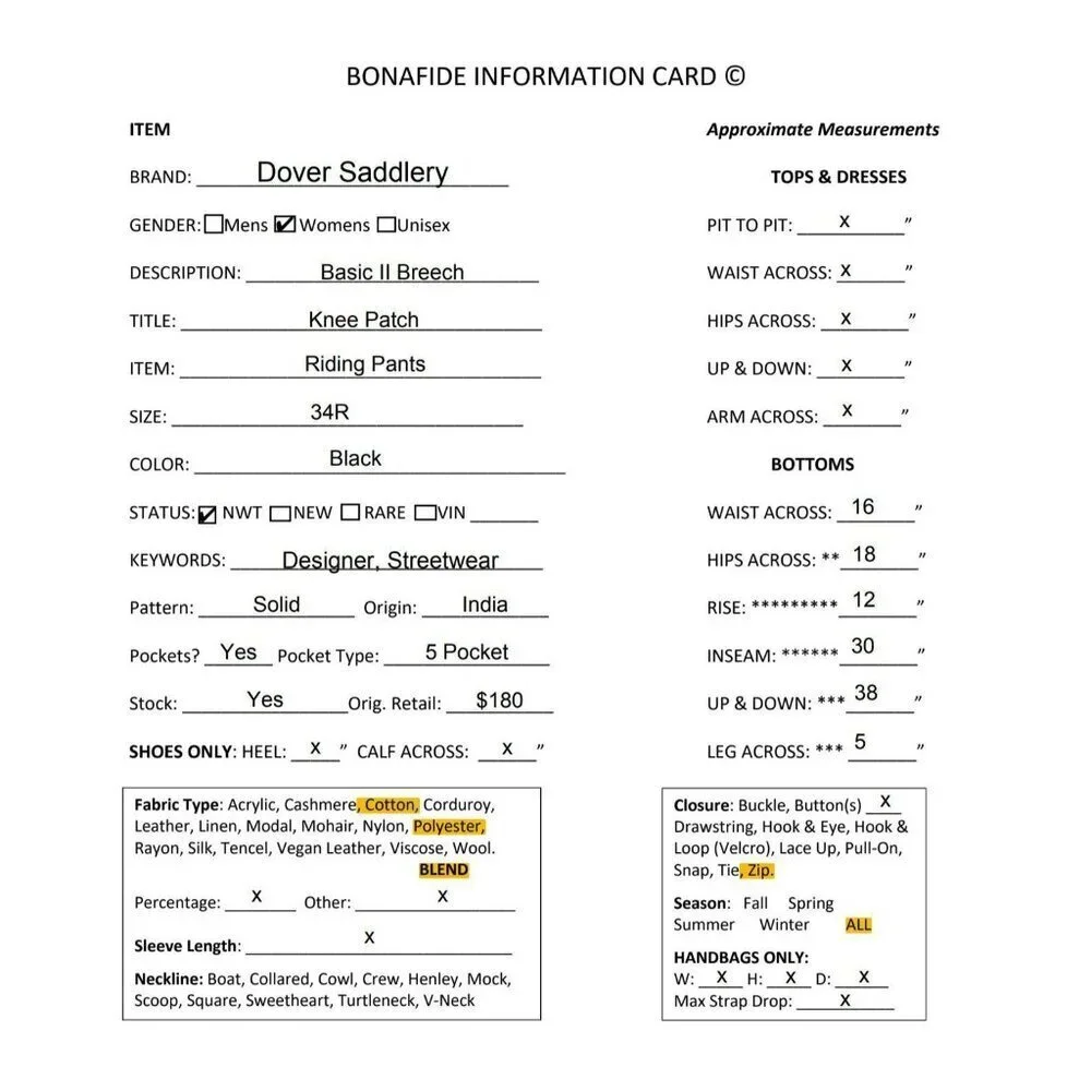 Dover Saddlery Womens Basic II Breech Knee Patch Riding Pants 34R Black AN NWT - Picture 10 of 10